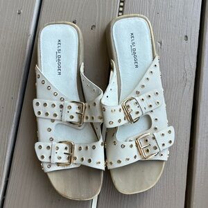 Kelsi Dagger Women's Buckled Brooklyn Jolt Studded Heeled Sandal Beige Size 10
